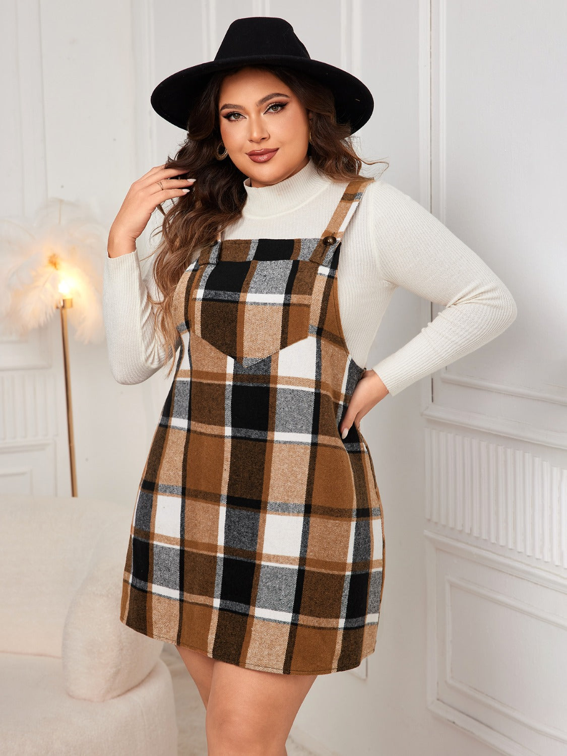 Honey Plus Size Plaid Wide Strap Overall Dress Trendsi