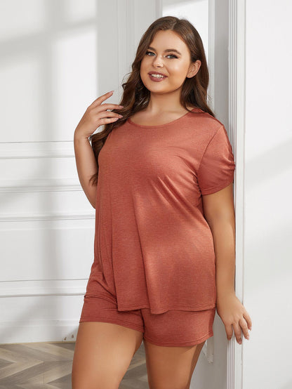 Plus Size Round Neck Short Sleeve Two-Piece Loungewear Set Trendsi