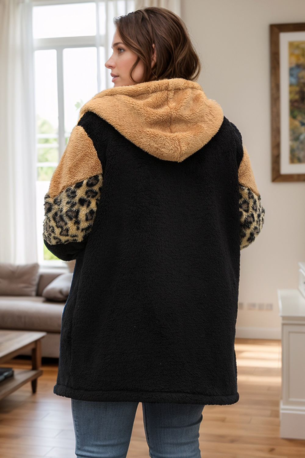 Plus Size Leopard Zip Up Hooded Outerwear Trendsi