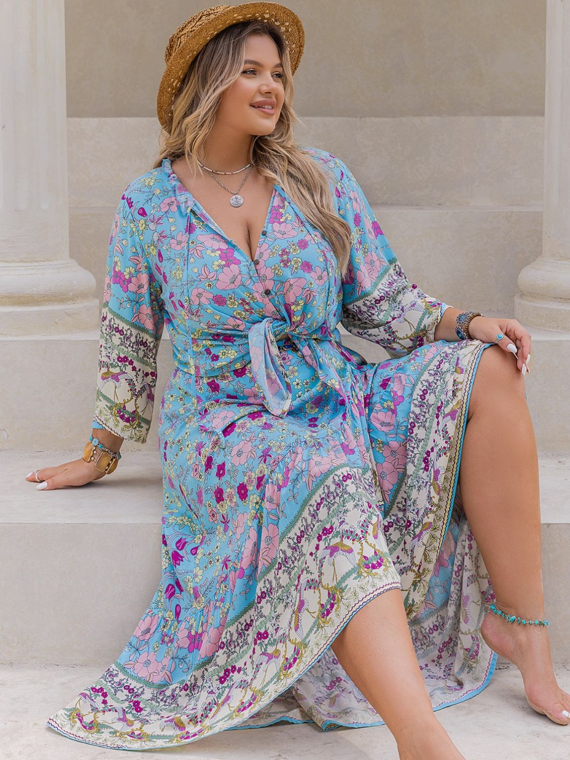 Plus Size Printed Tie Neck Top and Skirt Set Trendsi