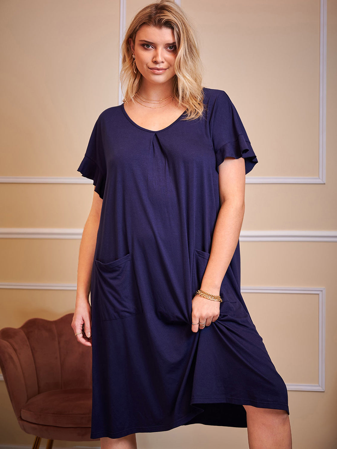 Plus Size Round Neck Short Sleeve Lounge Dress Trendsi