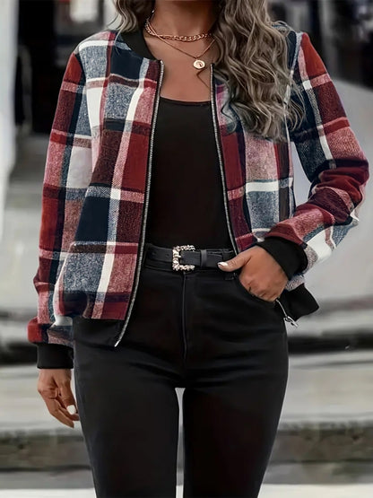 Plus Size Plaid Baseball Collar Zip Up Jacket Trendsi