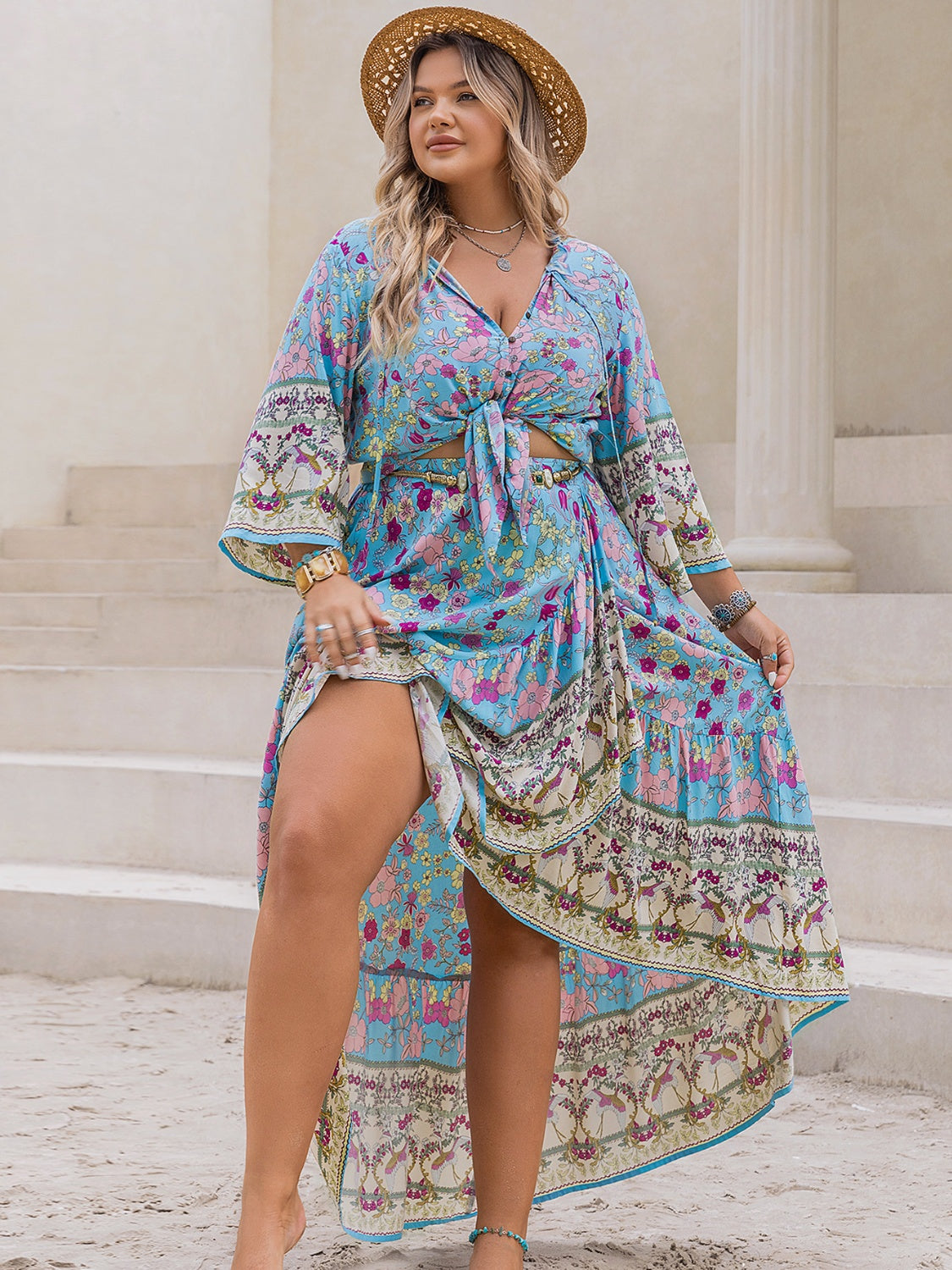 Plus Size Printed Tie Neck Top and Skirt Set Trendsi