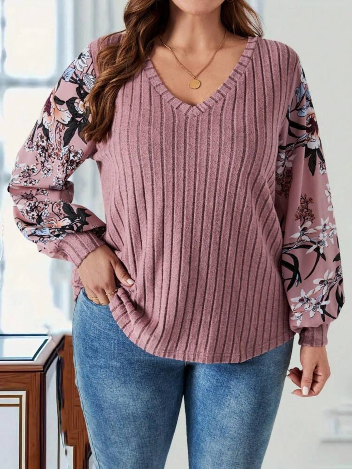 Plus Size Printed V-Neck Long Sleeve T-Shirt Trendsi