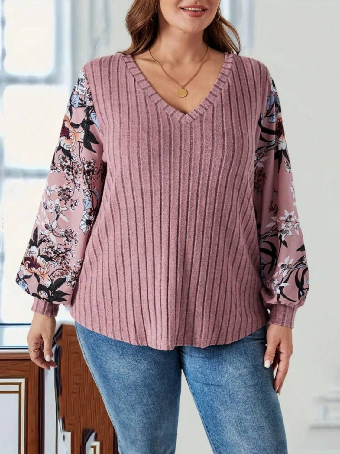 Plus Size Printed V-Neck Long Sleeve T-Shirt Trendsi