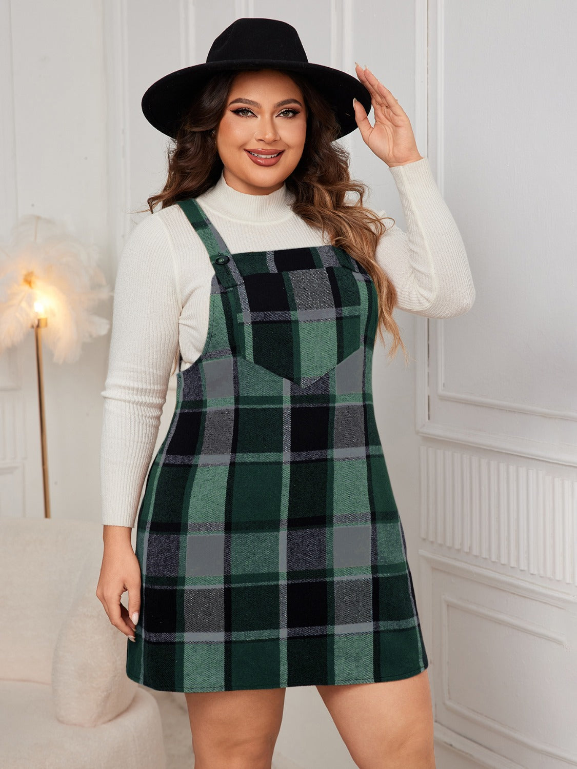 Honey Plus Size Plaid Wide Strap Overall Dress Trendsi