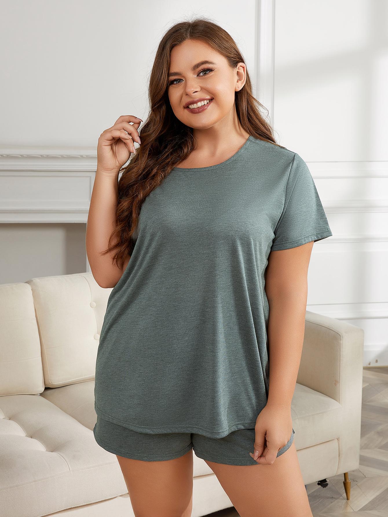 Plus Size Round Neck Short Sleeve Two-Piece Loungewear Set Trendsi